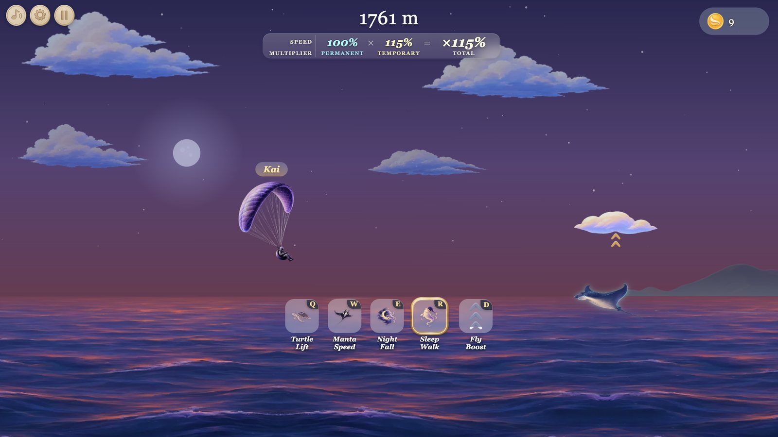 Flying low over the moonlit sea above a manta ray