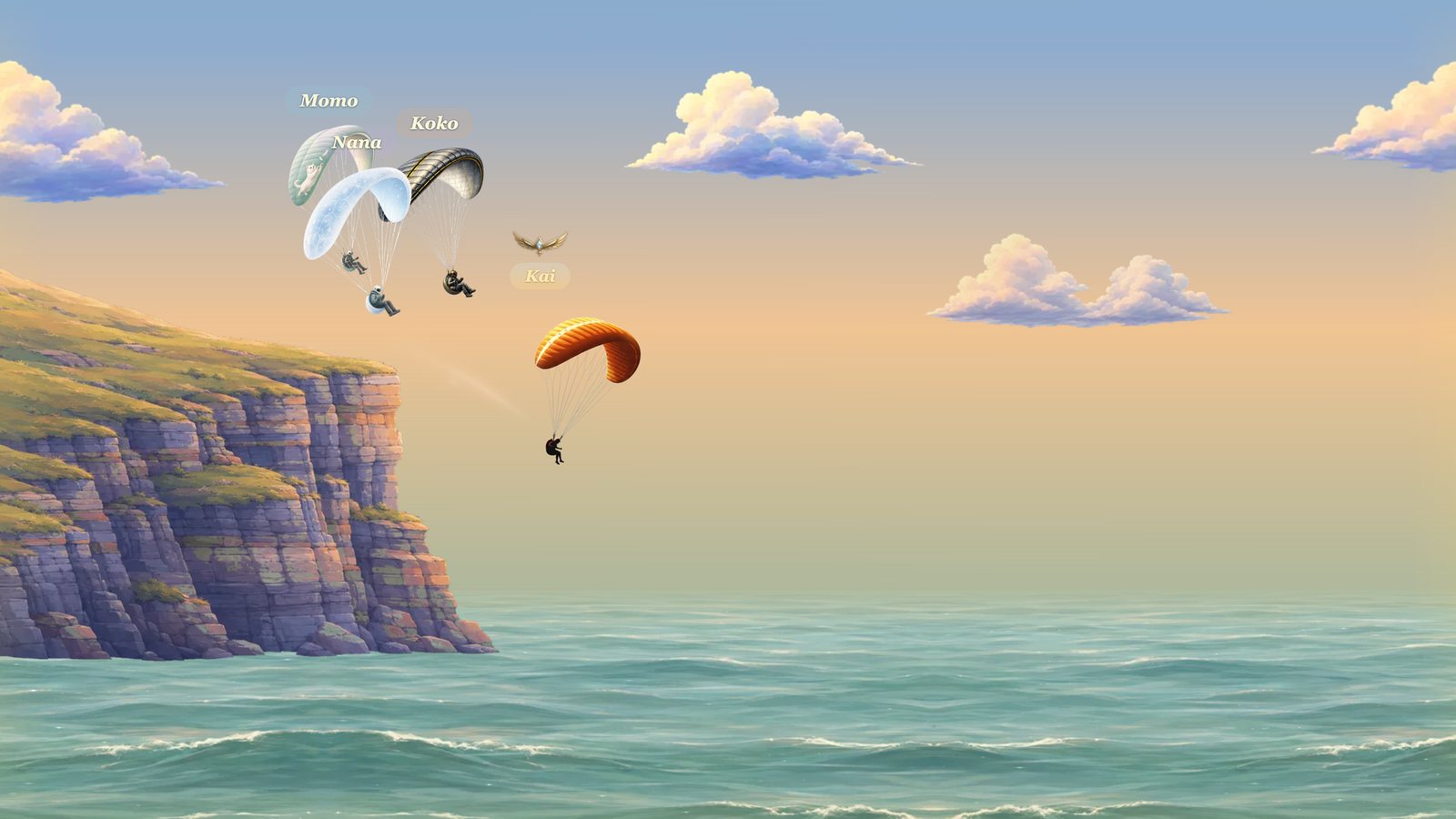 Four paragliders leaving the cliff together at golden hour