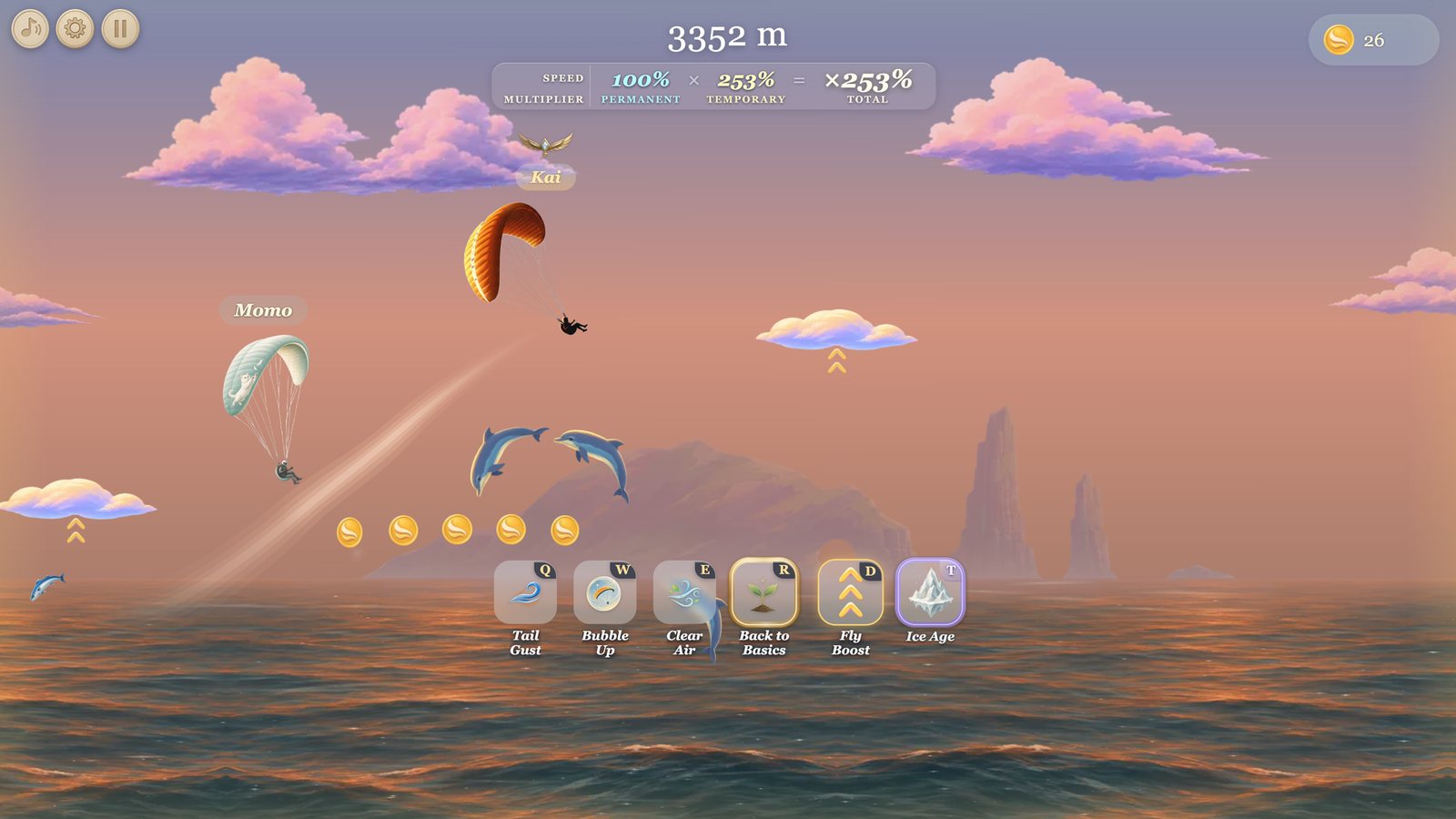 Racing low over a sunset sea with dolphins and a line of coins